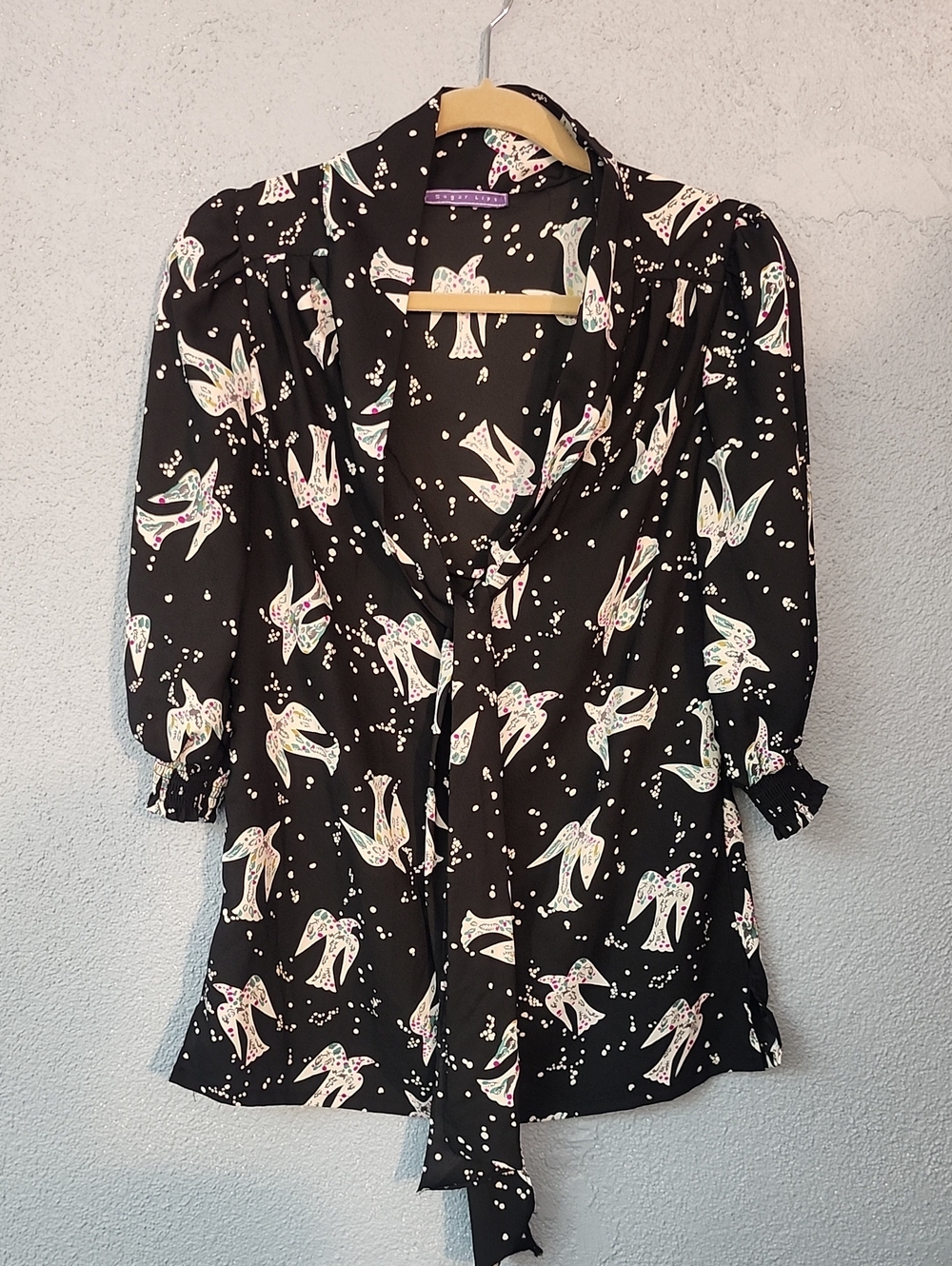 Sugarlips Black Bird-Print Tie-Neck Blouse